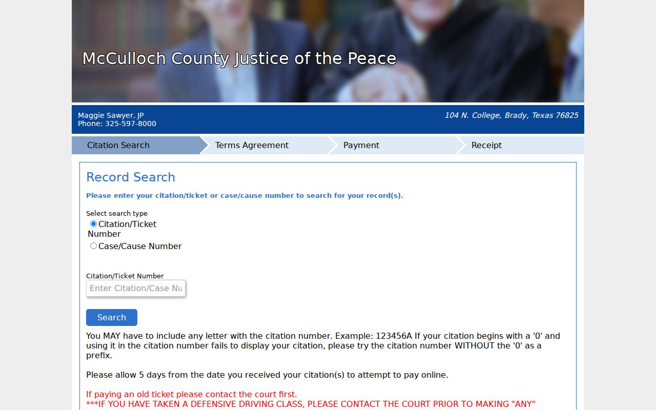 McCulloch County JP nCourt citation and cause number search choices