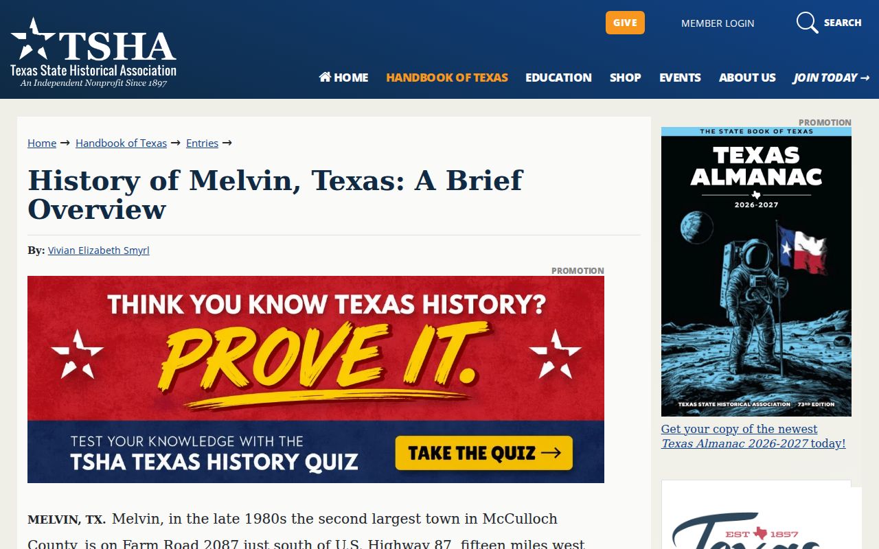 Texas State Historical Association history page for Melvin, Texas